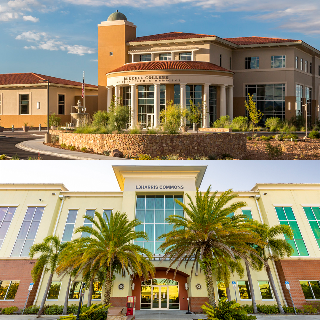 View of two buildings at Burrell campus with palm trees in front.