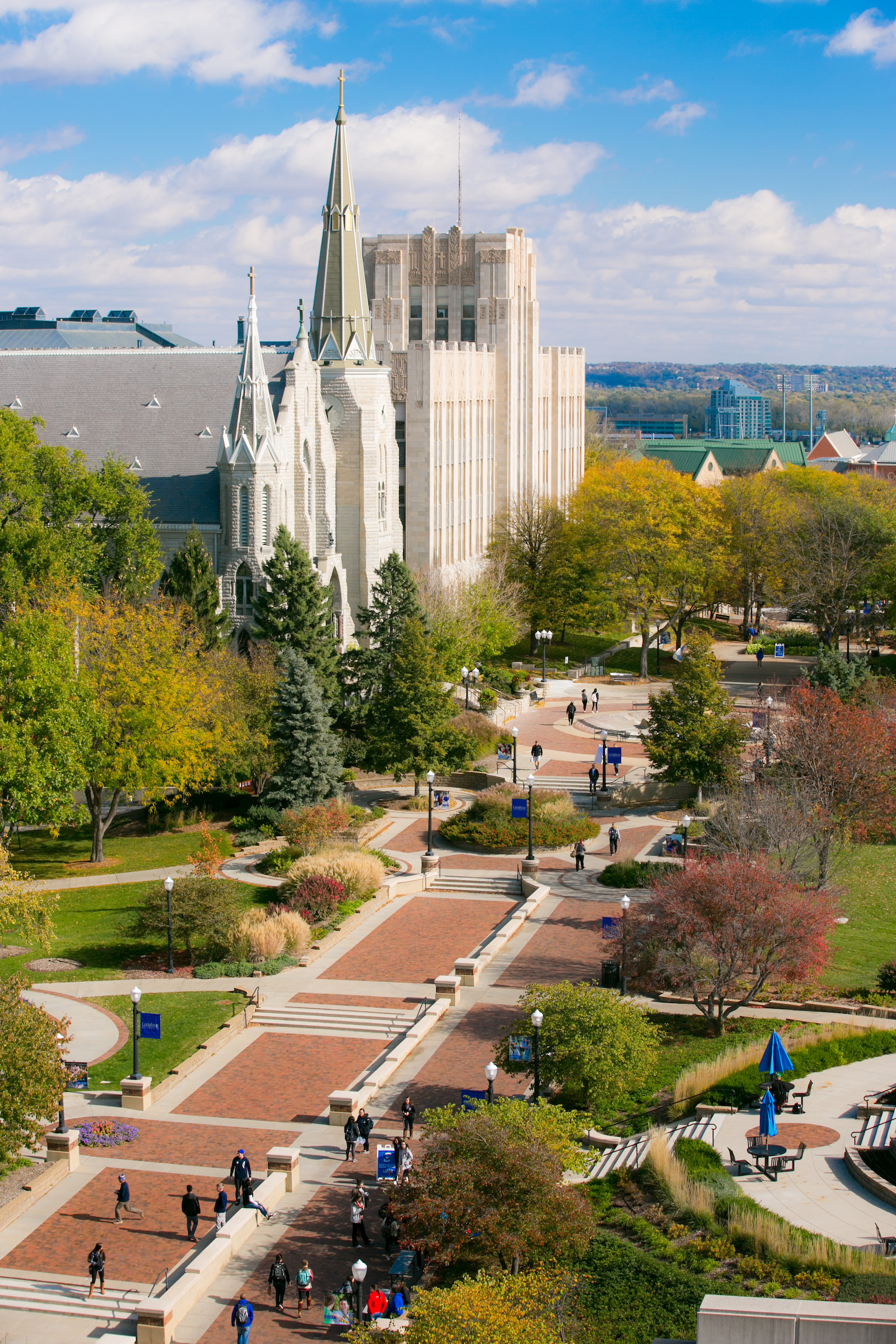 Overhead view of the Creighton University School of Medicine campus with brick paths