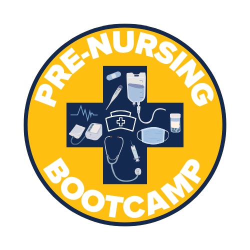 Pre-Nursing Bootcamp Logo with man nursing tools and supplies shown.