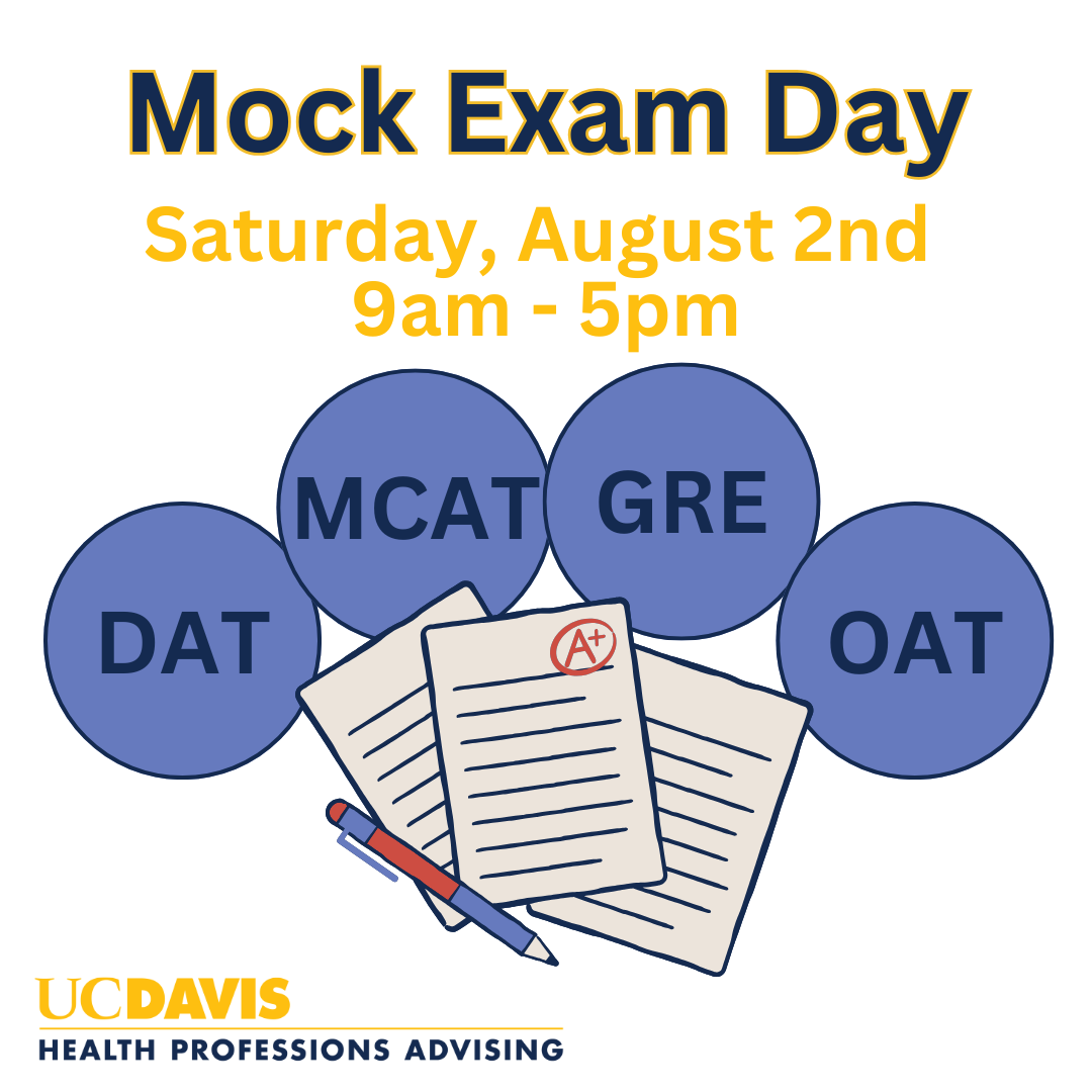 Mock Exam graphic with 4 circles and an image of a test with the event information.