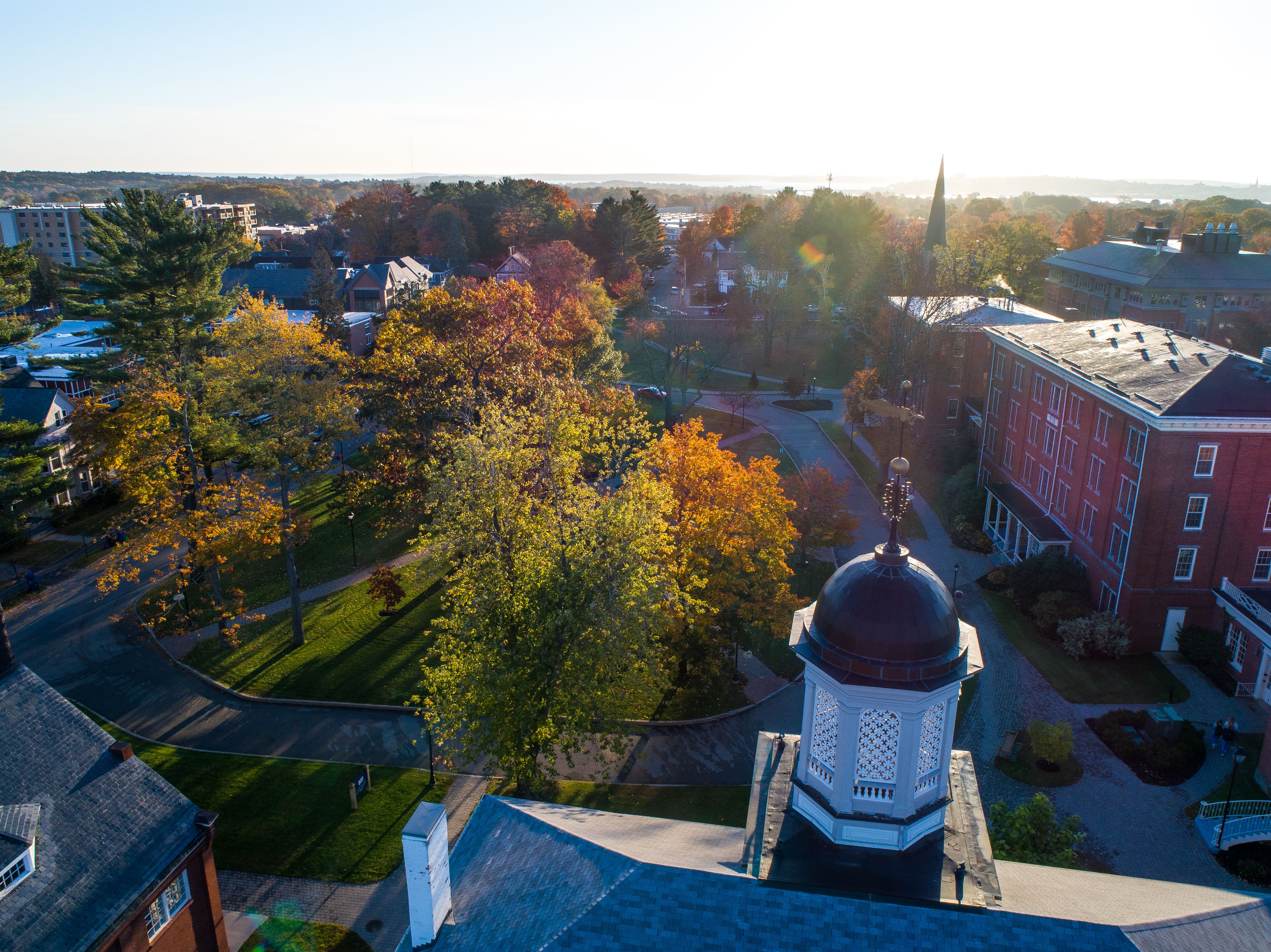 Overhead view of University of New England College of Osteopathic Medicine campus with buildings and trees in view.