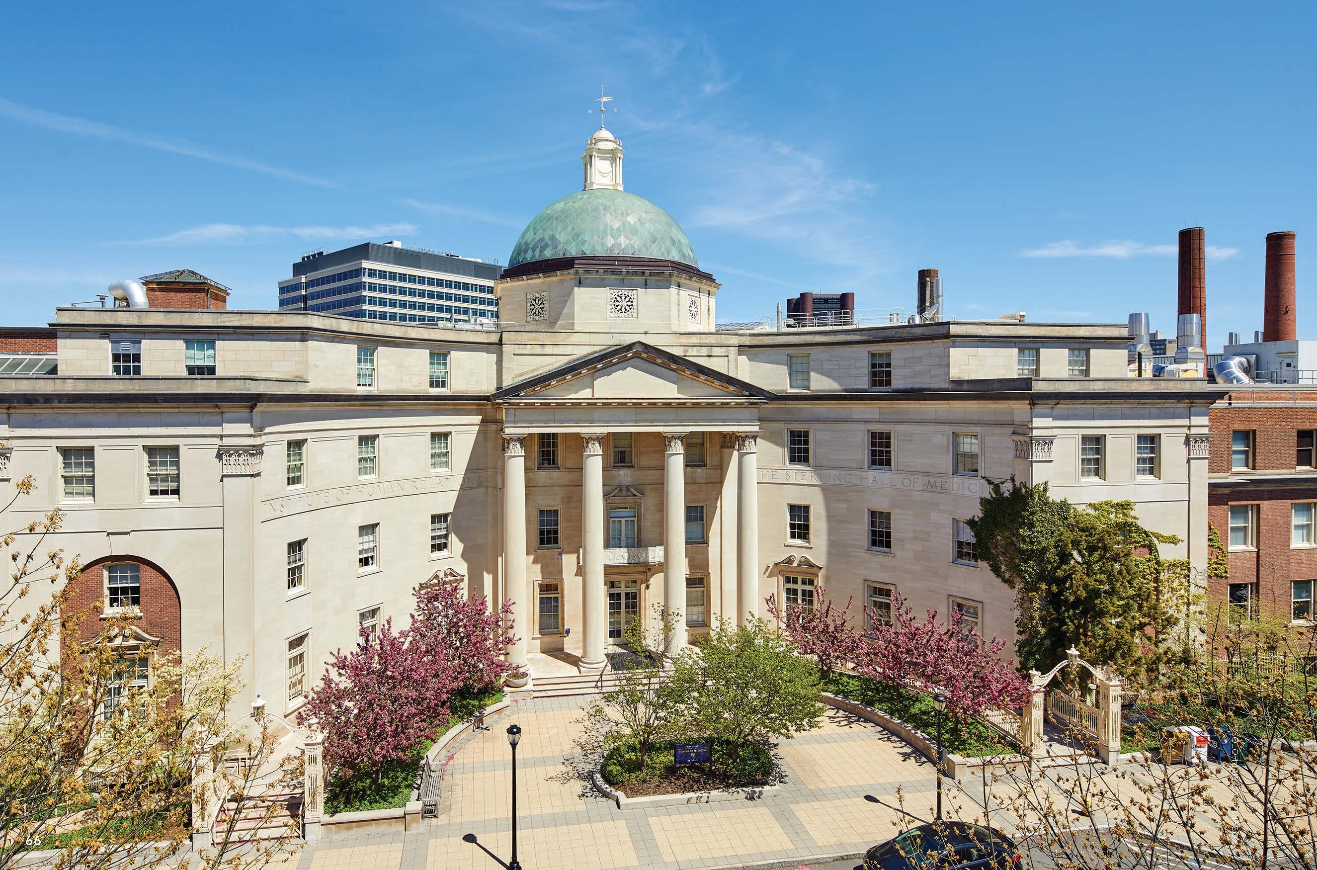 Image of a large building and entry way at the Yale School of Medicine campus.