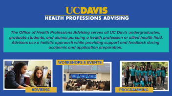 bright blue background. HPA Logo top center. Mission statement. 3 images with text L to R: Advising: HPA Advisor advising student, Large Events: Joanne at pre-med orientation speaking at california hall, programming: group photo of pre-vet bootcamp 