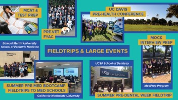 images from a variety of events from pre-covid including, MCAT Studying, Pre-vet FYAC, Pre-health conference, fieldtrip to local dental and medical schools, mock Interview prep