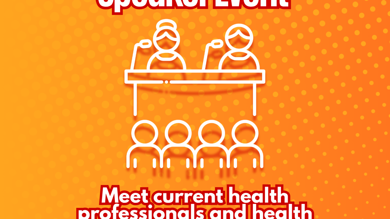 Orange poster with title 'HPA Workshop: Speaker Event' and silhouette of a panel of speakers to promote Health Professions Advising and El Centro's workshop. 