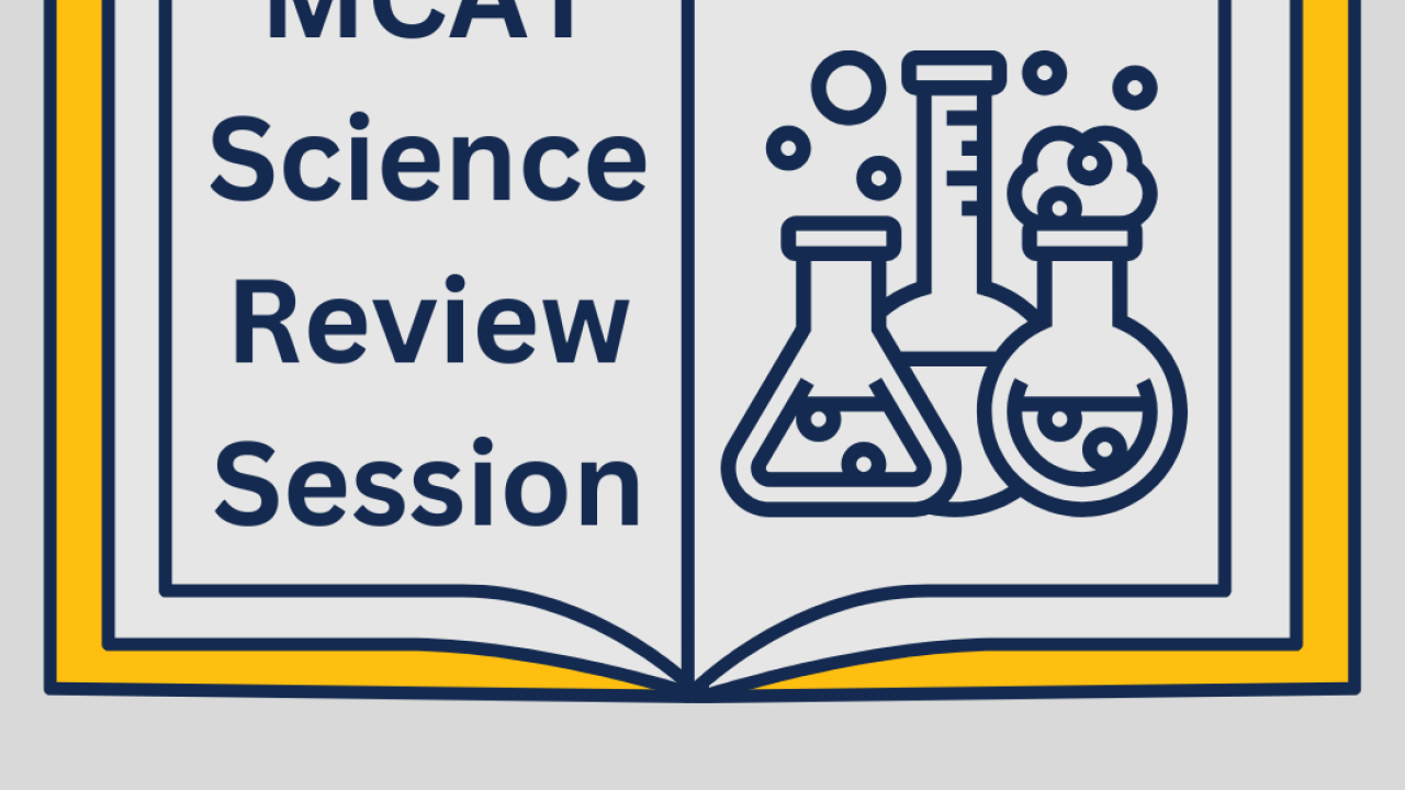 An open book with the title of the event on the left side and three bubbling beakers on the right side.