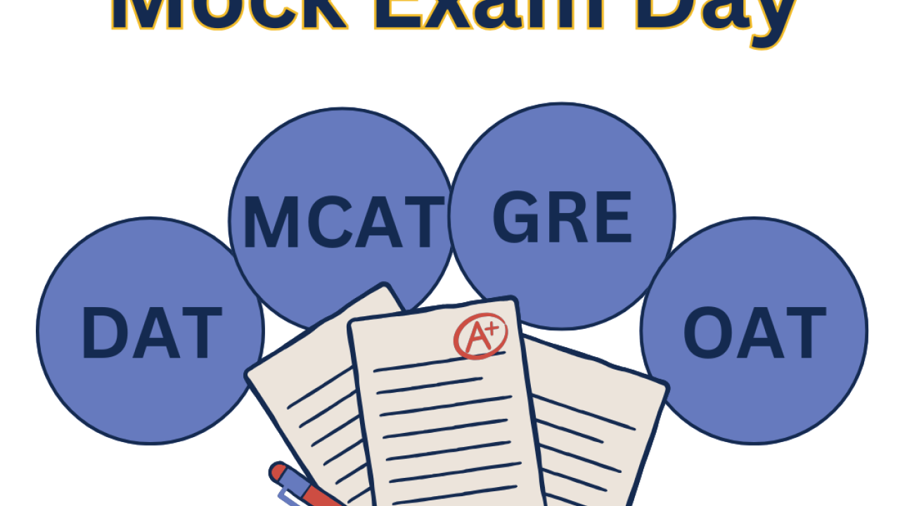 Four circles that have DAT, MCAT, GRE, and OAT in them above three papers that are spread out with a pen. The title of the event is on the top and a UC Davis Health Professions logo is in the bottom left corner.
