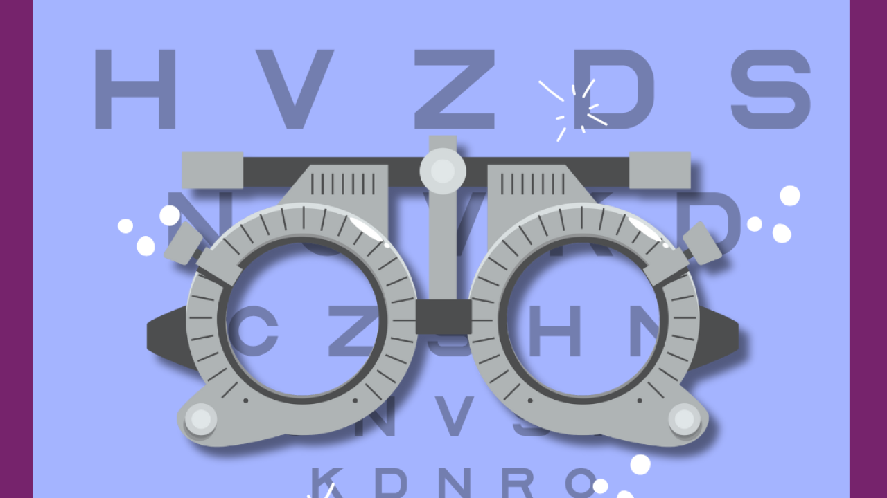 A purple border with blue background and a phoropter in the middle and eye chart in the background.