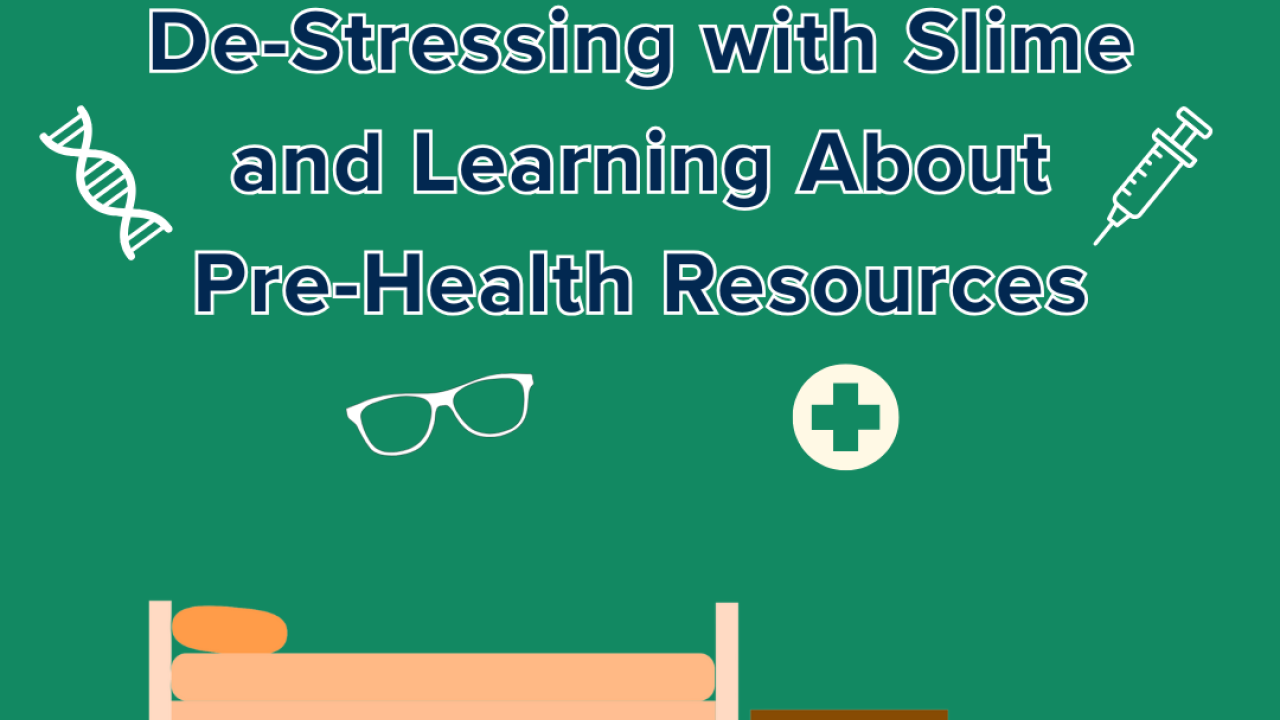 A green background with a dorm room desk under it. The title of the event is at the top with health icons surrounding it. 