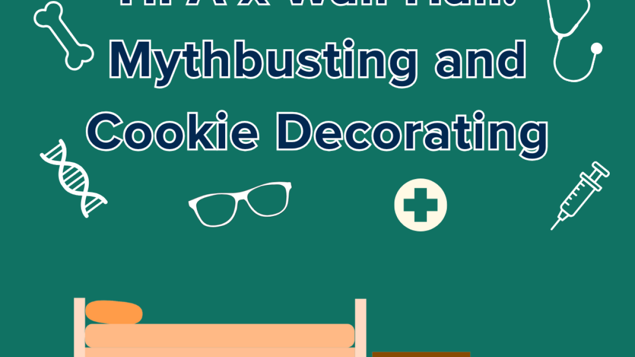 There is a desk at the bottom of the page with the event title at the top and medical icons around it on a green background.