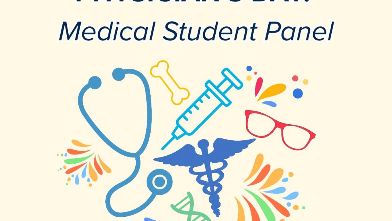 A colorful banner at the top of the page followed by the title of the event. Medical icons such as a stethoscope, eyeglasses, and DNA are arranged with colorful bursts around them. The HPA and Chicanx Latinx Alumni Association logos are at the bottom of the page.