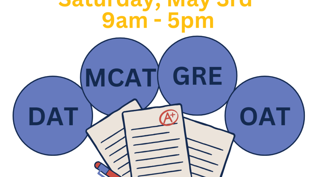Graphic that says Mock Exam Day with the event date showing the letters DAT, MCAT, GRE, OAT.