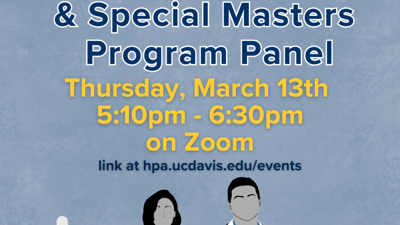 A blue graphic with the words "Post-Baccalaureate & Special Masters Program Panel" on it. There is a drawing of male and female health professionals in white coats and health icons in the area around them.