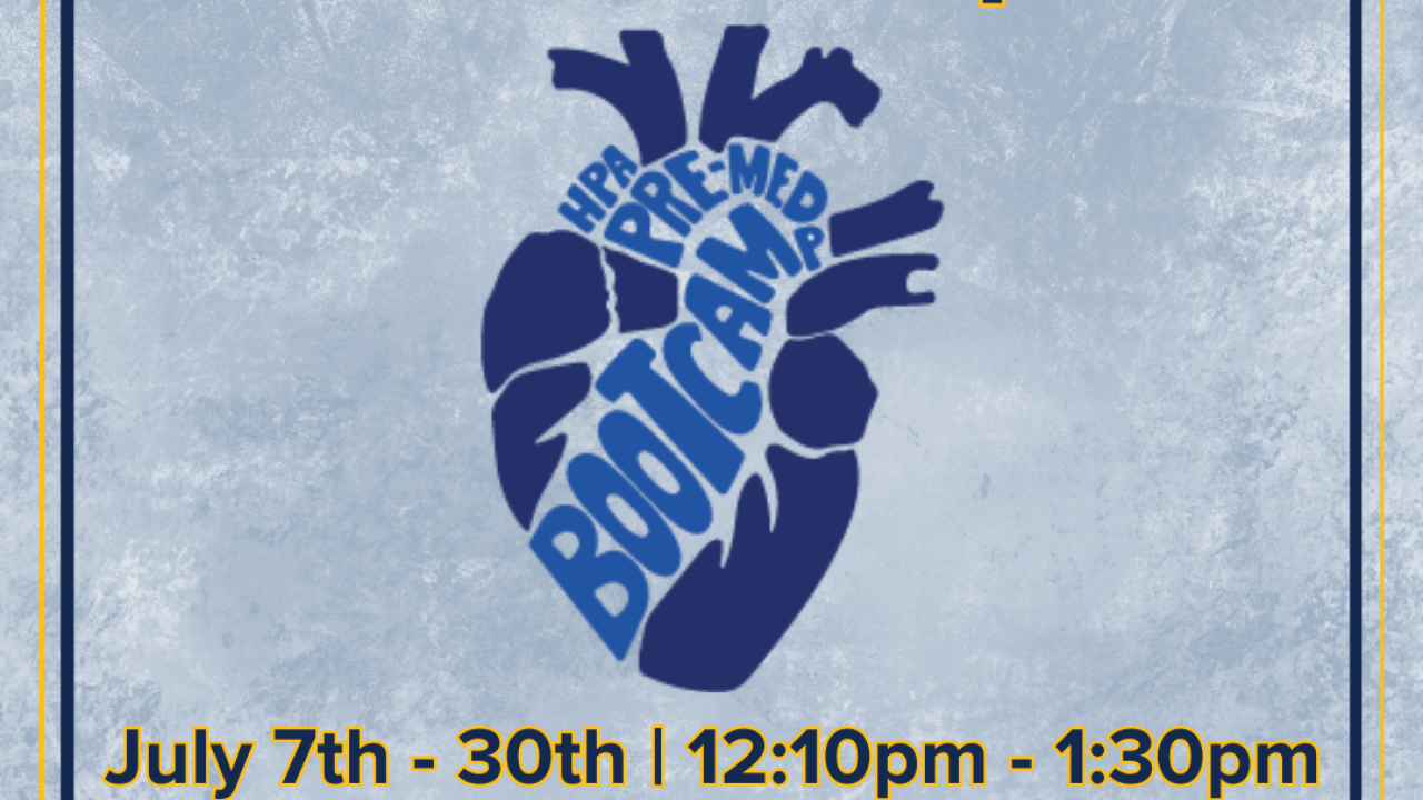 A graphic with a heart logo in the middle that says Pre-Meed Bootcamp along with the title, date, and time of the event.