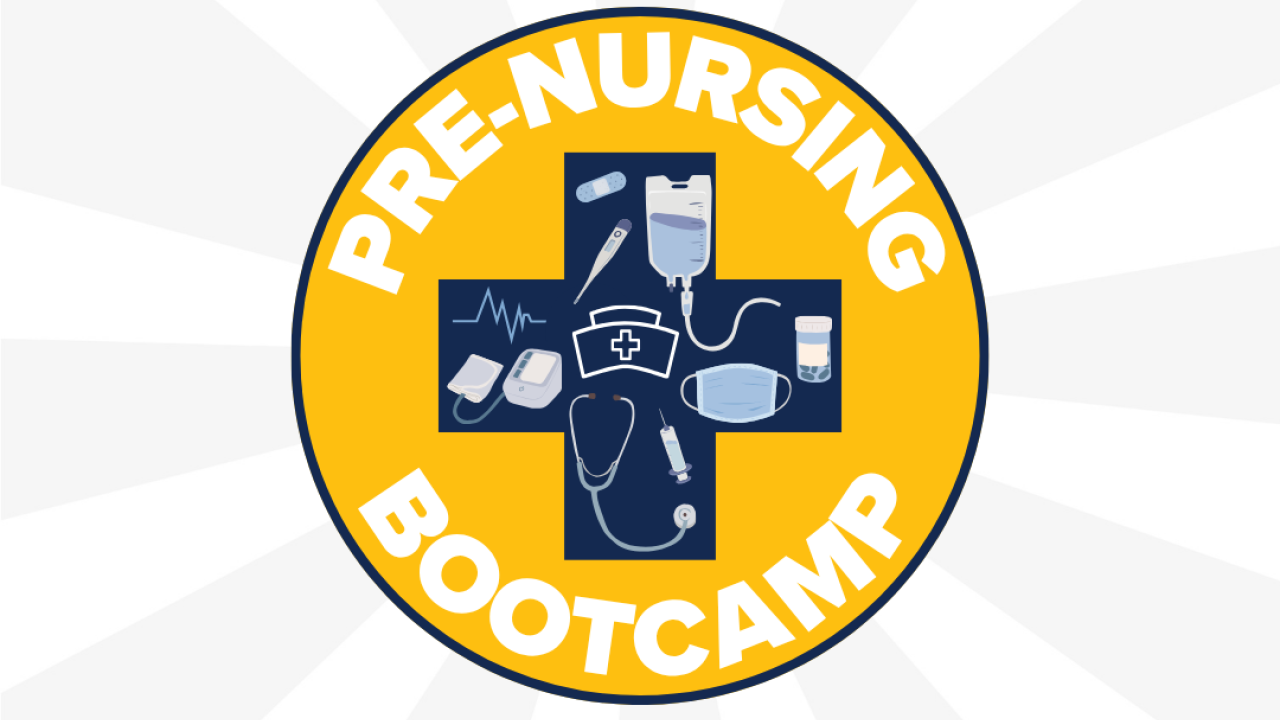 Pre-Nursing Bootcamp graphic with the logo in the middle showing many different nursing tools and supplies with the event information.