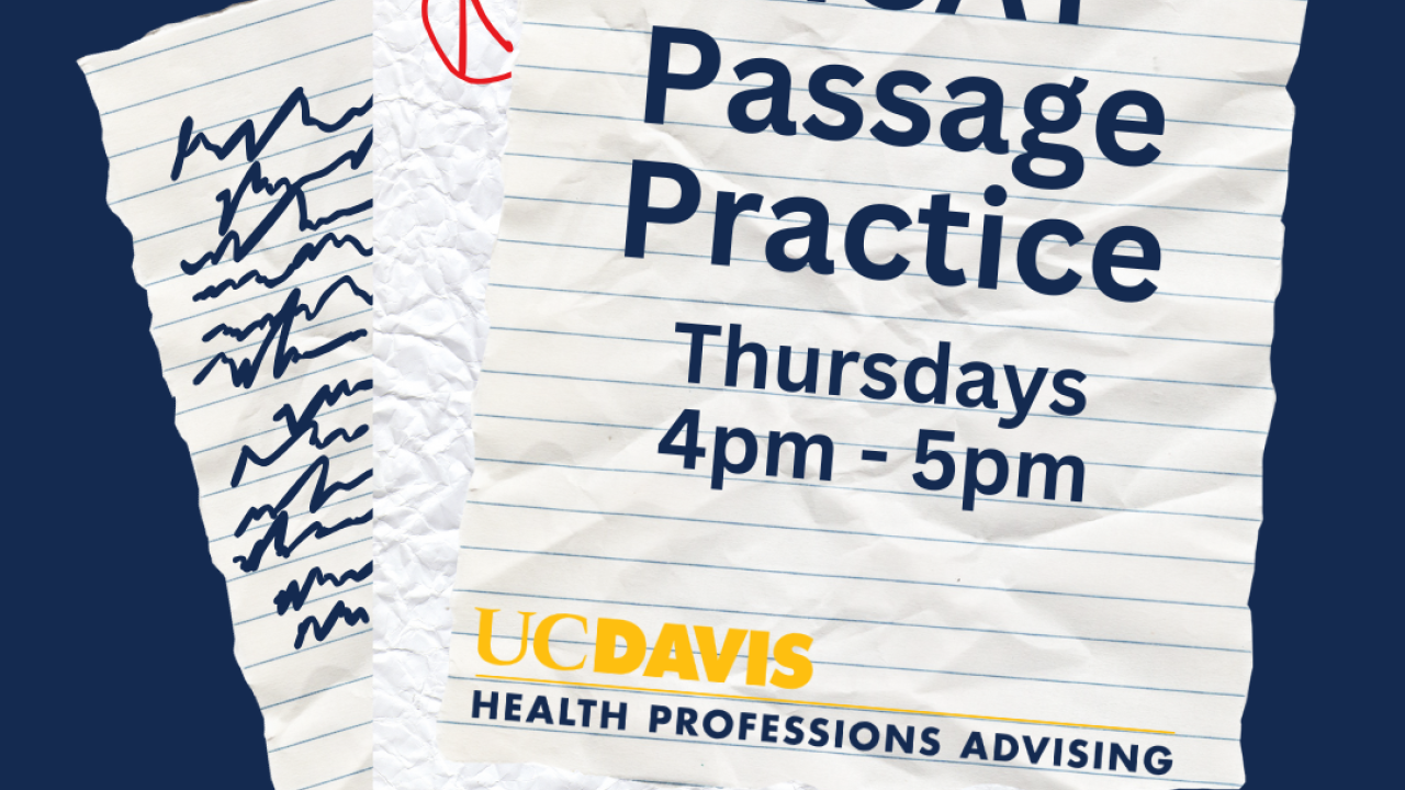 An image of papers with the title "MCAT Passage Practice" with the time and date of the event.