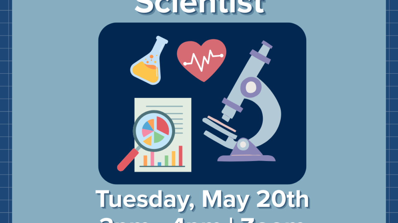 A blue graphic with the title, date and time of the event. In the middle there is a beaker, heart, graph, and microscope.