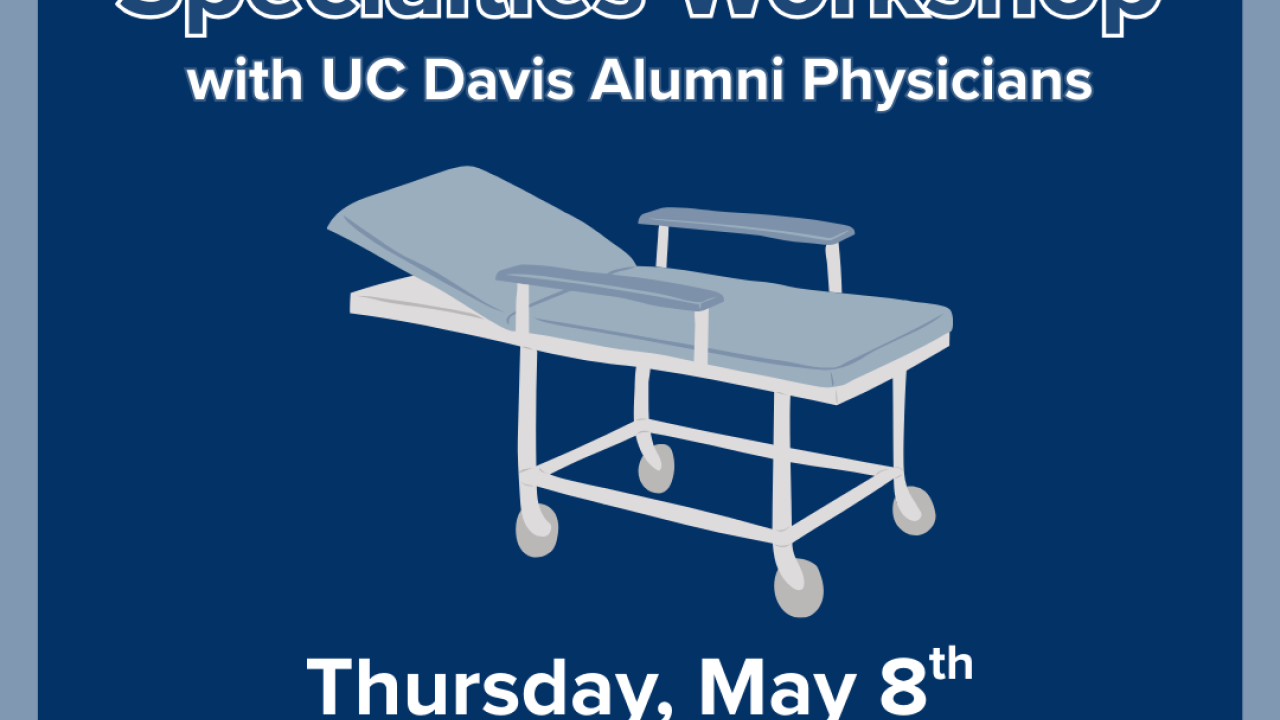 A blue graphic with the title of the event, date, and medical bed.