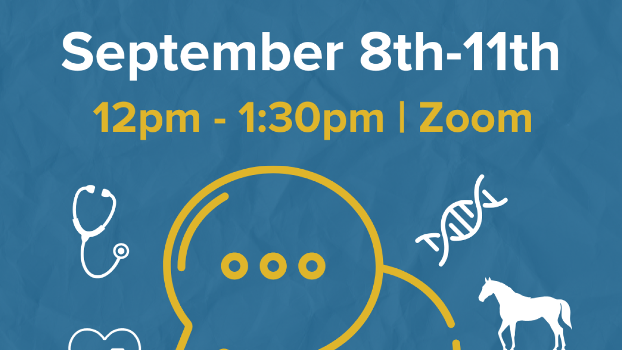 A blue graphic that says the title of the event with the date and time. There are two yellow speech bubbles with health icons around it. 