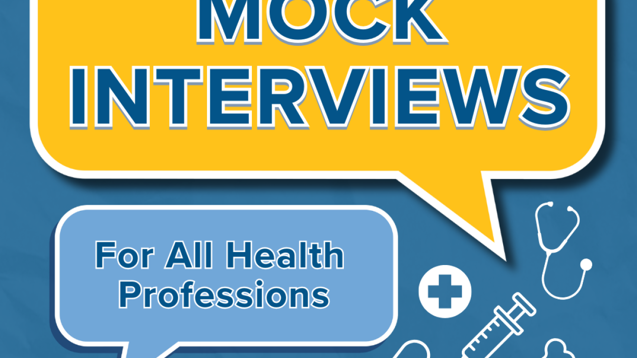 Two speech bubbles with the title of the event and white health icons in the bottom right corner.