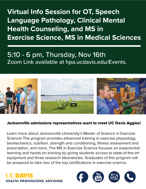 Flyer for the "Virtual Info Session for OT, Speech Language Pathology, Clinical Mental Health Counseling, and MS in Exercise Science, MS in Medical Sciences" The text under the title says "5:10-6 pm, Thursday, Nov. 16th. Zoom Link available at hpa.ucdavis.edu/Events." There are three images under this. The one on the left shows an athlete connected to a machine. The middle image shows 4 lounge chairs on the grass next to a body of water. The image on the left shows an athlete running on a treadmill.
