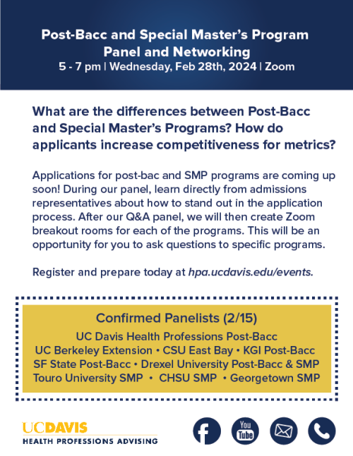 Flyer for the "Post-Bacc and Special Master's Program Panel and Networking" at "5-7 pm | Wednesday, Feb 28th, 2024" on Zoom. Under the title says "What are the differences between Post-Bacc and Special Master's Programs? How do applicants increase competitiveness for metrics?" Under this has more information about the event and panelists it also says "Register and prepare today at hpa.ucdavis.edu/events" The bottom has the HPA logo and social media logos.
