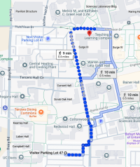 Screenshot of a map walking directions from Lot 47 to The Grove.