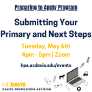 A flyer with the title of the event "Submitting Your Primary and Next Steps" with the time and date of the event. There is a computer at the bottom of the screen with health icons around it.
