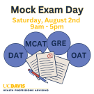 A graphic with the title of the event and 4 circles listing the different exams offered. There are papers under that look like homework assignments.