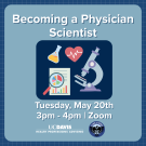 A blue graphic with the title, date and time of the event. In the middle there is a beaker, heart, graph, and microscope.