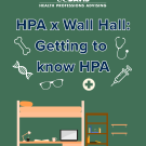 A green background with a dorm room desk under it. The title of the event is at the top with health icons surrounding it. 