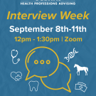 A blue graphic that says the title of the event with the date and time. There are two yellow speech bubbles with health icons around it. 